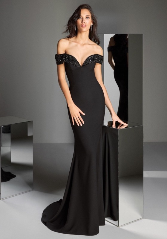 Beaded Off-Shoulder Black Crepe Gown