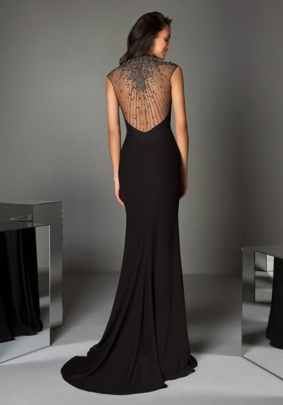 Embellished High Neck Black Crepe Gown
