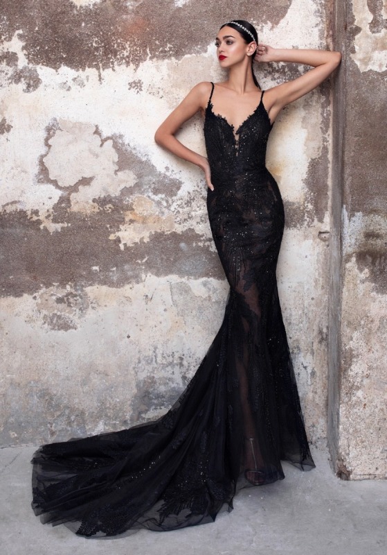 Embellished Black Tulle Mermaid Gown
