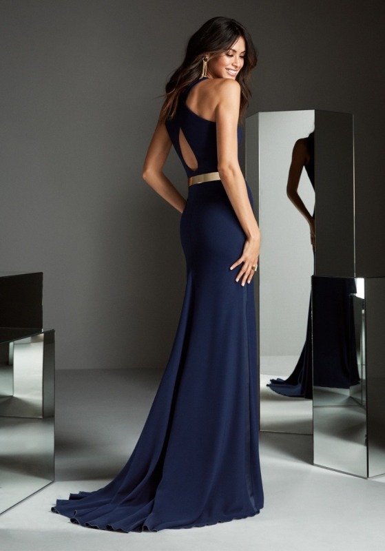 Navy Blue Crepe Gown with Keyhole Back