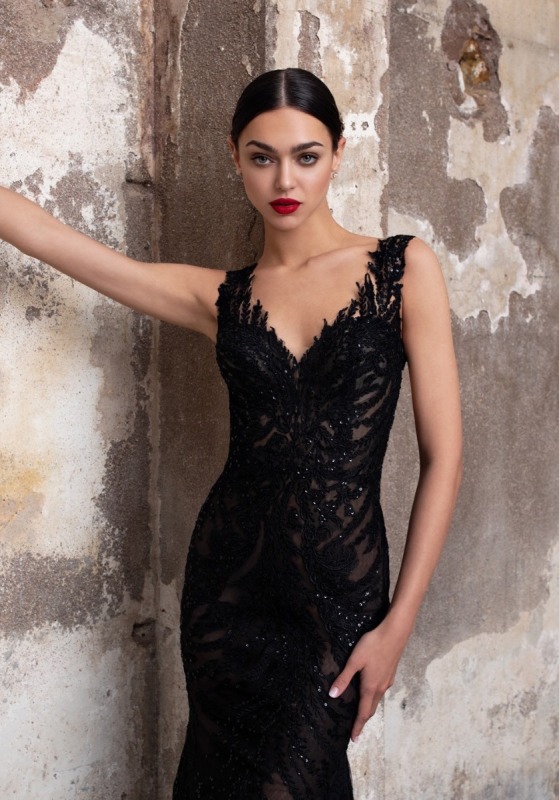 Beaded Black Tulle Gown with Sheer Back