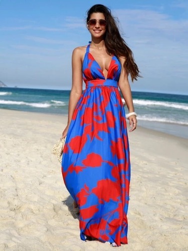 Floral Print Shirred Waist Tie Backless Halter Dress