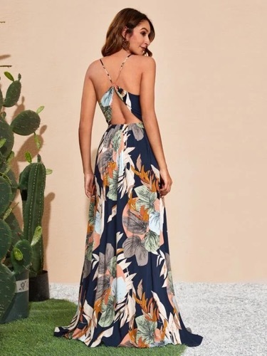 SAWOTA Tropical Print Overlap Collar Backless Slit Thigh Cami Dress