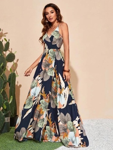 SAWOTA Tropical Print Overlap Collar Backless Slit Thigh Cami Dress