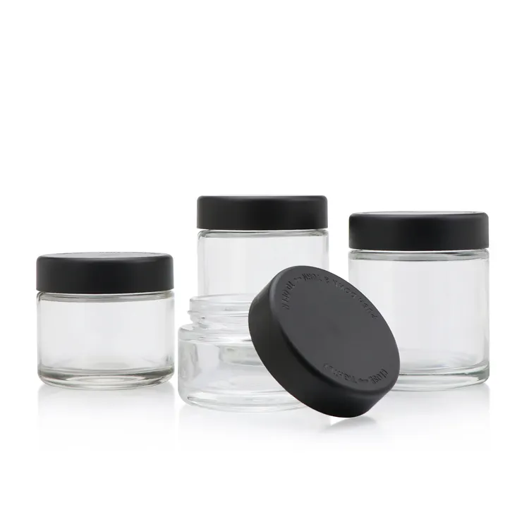 3.5g 7g flower bud packaging jar custom clear glass jars with matte black white child resistant plastic lids