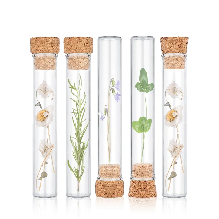 Custom Glass test tube with cork lids Clear Flat test tube bottles with cork stopper for Bath Salt and Candy Storage