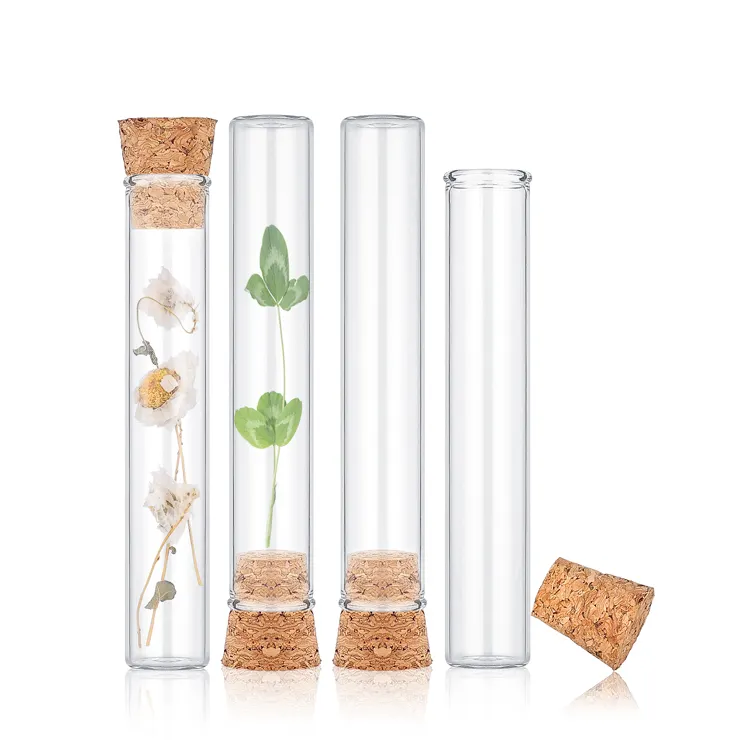 Custom Glass test tube with cork lids Clear Flat test tube bottles with cork stopper for Bath Salt and Candy Storage