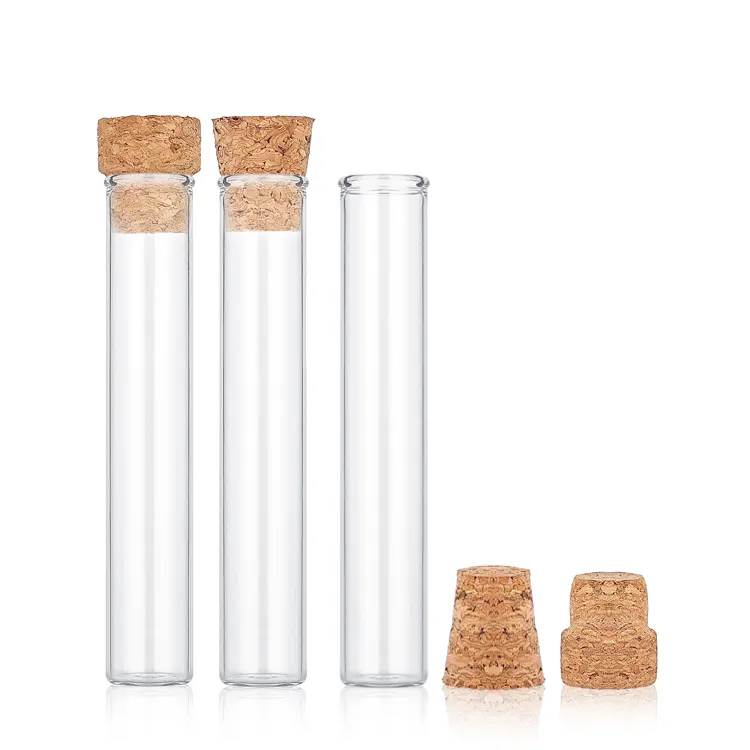 Custom Glass test tube with cork lids Clear Flat test tube bottles with cork stopper for Bath Salt and Candy Storage