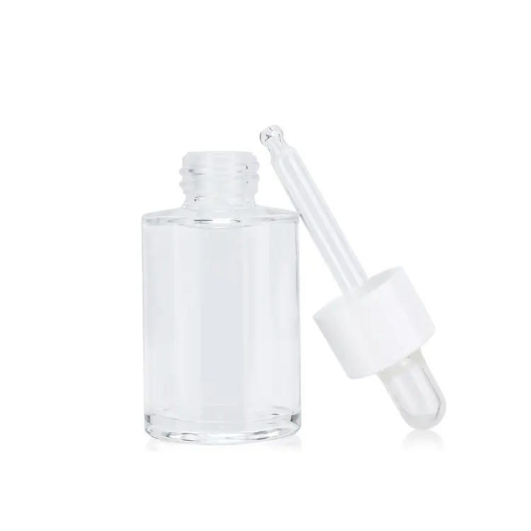 Wholesale recyclable glass cosmetic packaging flat shoulder serum essential oil round glass dropper bottles