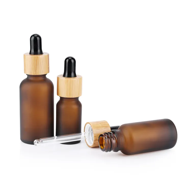 Factory direct bamboo essential oil bottle frosted amber dropper glass bottle with bamboo cap