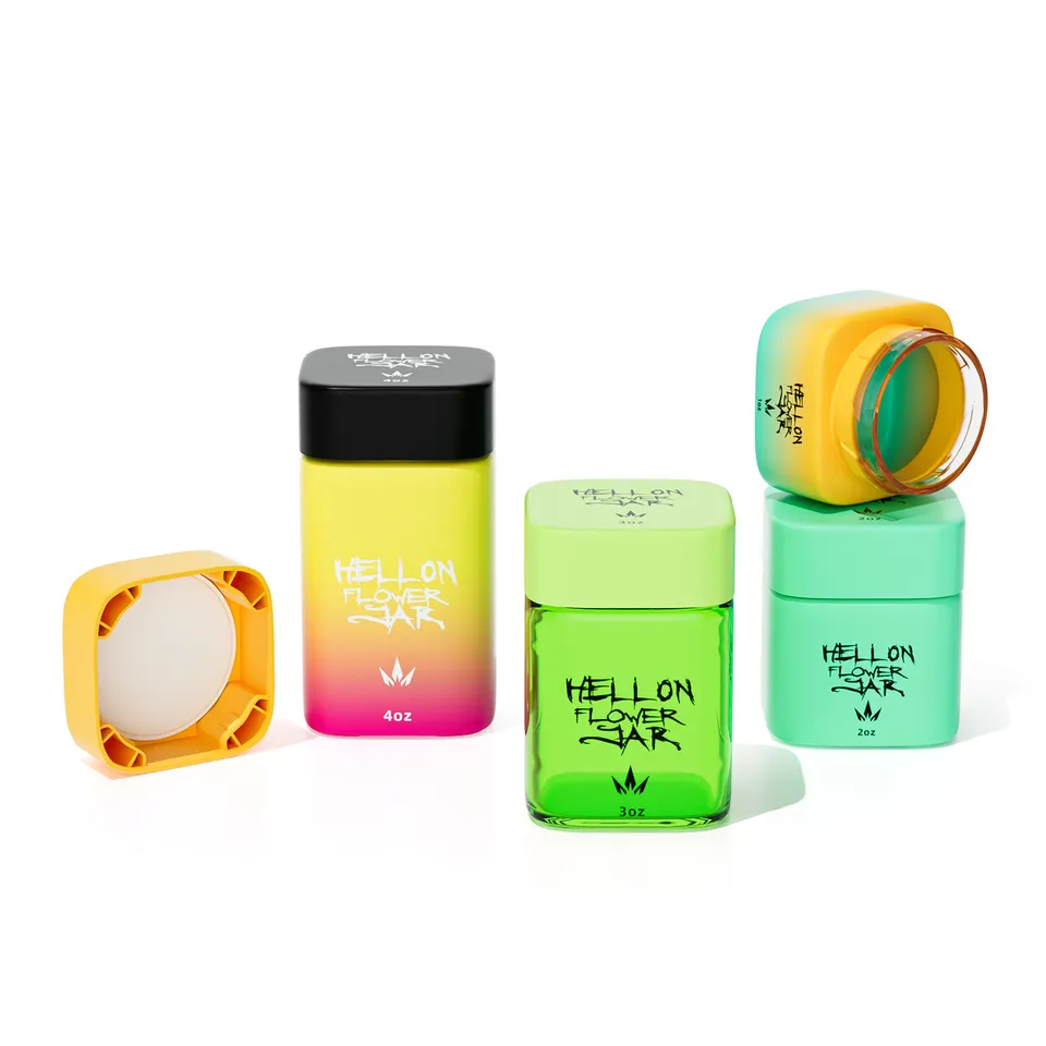 Custom Luxury Printing Square Gradient Wide Mouth Child Proof Glass Jar with Child Resistant Cap for Flower Jar Packaging