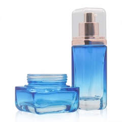 Gradient blue 50g 40ml 100ml 120ml luxury cosmetics packaging glass bottle sets plastic lid skincare cream jar and pump spray bottle set