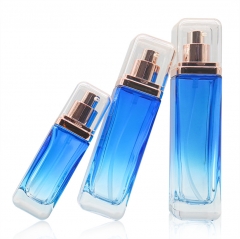 Gradient blue 50g 40ml 100ml 120ml luxury cosmetics packaging glass bottle sets plastic lid skincare cream jar and pump spray bottle set