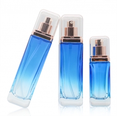 Gradient blue 50g 40ml 100ml 120ml luxury cosmetics packaging glass bottle sets plastic lid skincare cream jar and pump spray bottle set