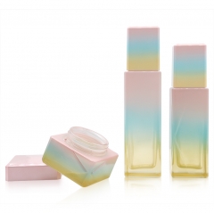 Colorful Glass Bottle 100ml 120ml Skincare Cream Jar 30g Empty Cosmetic Container 120ml Rainbow Glass Pump Bottle with Pink Caps