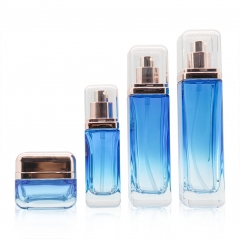 Gradient blue 50g 40ml 100ml 120ml luxury cosmetics packaging glass bottle sets plastic lid skincare cream jar and pump spray bottle set