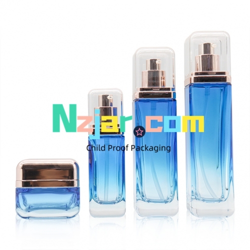 Gradient blue 50g 40ml 100ml 120ml luxury cosmetics packaging glass bottle sets plastic lid skincare cream jar and pump spray bottle set