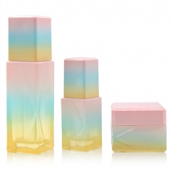 Colorful Glass Bottle 100ml 120ml Skincare Cream Jar 30g Empty Cosmetic Container 120ml Rainbow Glass Pump Bottle with Pink Caps