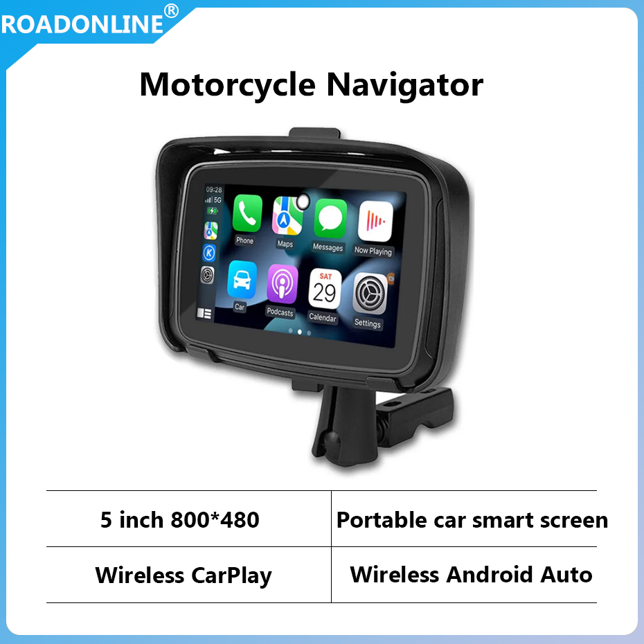 5 Inch IPS Touch Screen Portable Motorcycle Navigator Support Wireless CarPlay ＆ Android Auto Waterproof