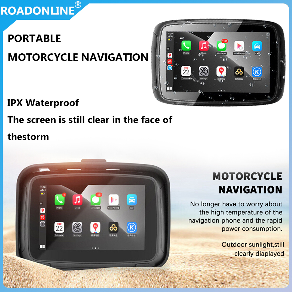 5 Inch IPS Touch Screen Portable Motorcycle Navigator Support Wireless CarPlay ＆ Android Auto Waterproof