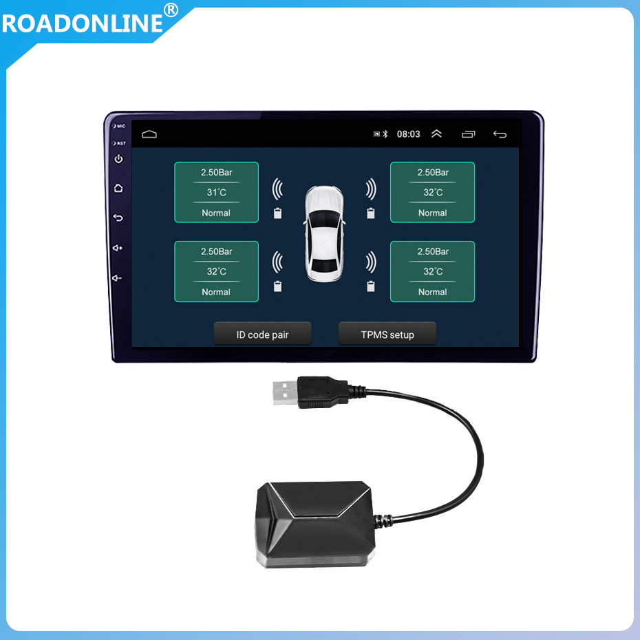 USB Android TPMS Tire Pressure Monitoring System Wireless Transmission 8 bar 116 psi Alarm System 5V Internal External