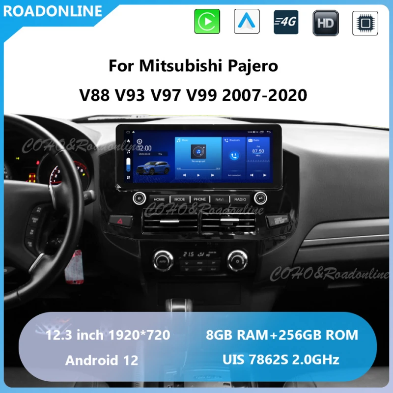 For Mitsubishi Pajero V88 V93 V97 V99 2007-2020 Car radio Multimedia Player 12.3' screen Android 12 1920*720 Octa Core 8+256G UIS 7862S 2.0GHz