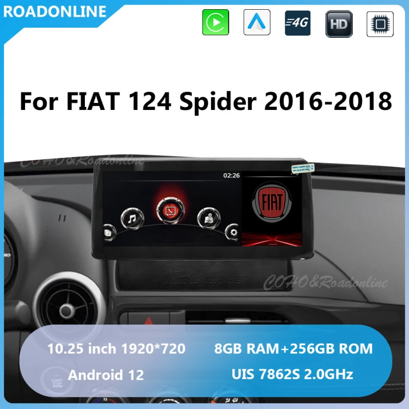 Android audio for FIAT 124 Spider 2016-2018 moveable knob of joystick Car radio Multimedia Player 10.25''screen Android 12 1920*720 Octa Core 8+256G Andriod system UIS 7862S