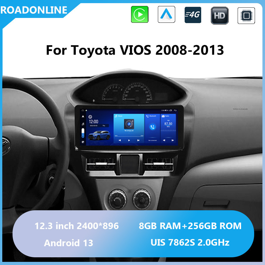 Android audio For Toyota VIOS 2008-2013 Car radio Multimedia Player 12.3''screen Android 13 2400*896 Octa Core 8+256G Andriod system UIS 7862S