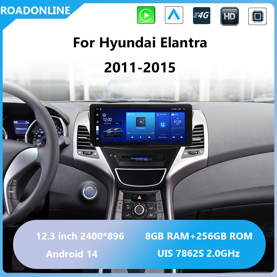 Android audio For Hyundai Elantra 2011 2012 2013 2014 2015 Car radio Multimedia Player 12.3''screen Android 14 2400*896 Octa Core 8+256G Andriod system UIS 7862S