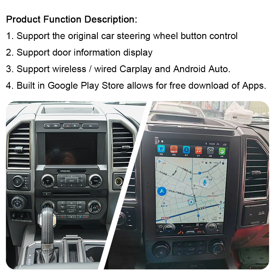 Android audio For Ford Raptor Ford F-150 2015-2021 Car radio Multimedia Player 12.1''screen Android 13 1024*768 Octa Core 8+256G Andriod system AC 8259