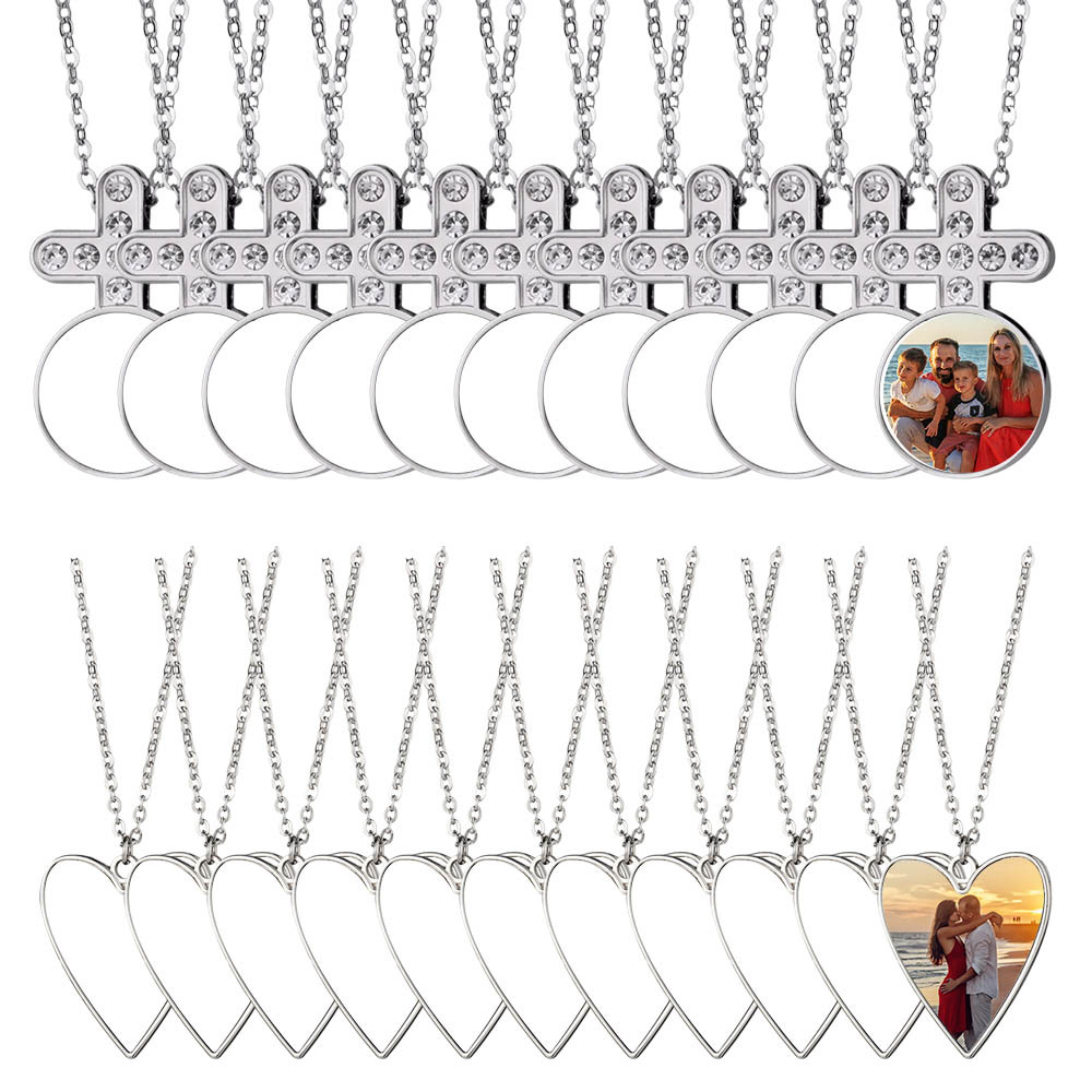 Fancy Sublimation blank Round with Diamonds Necklace DIY Heart Shape Necklace