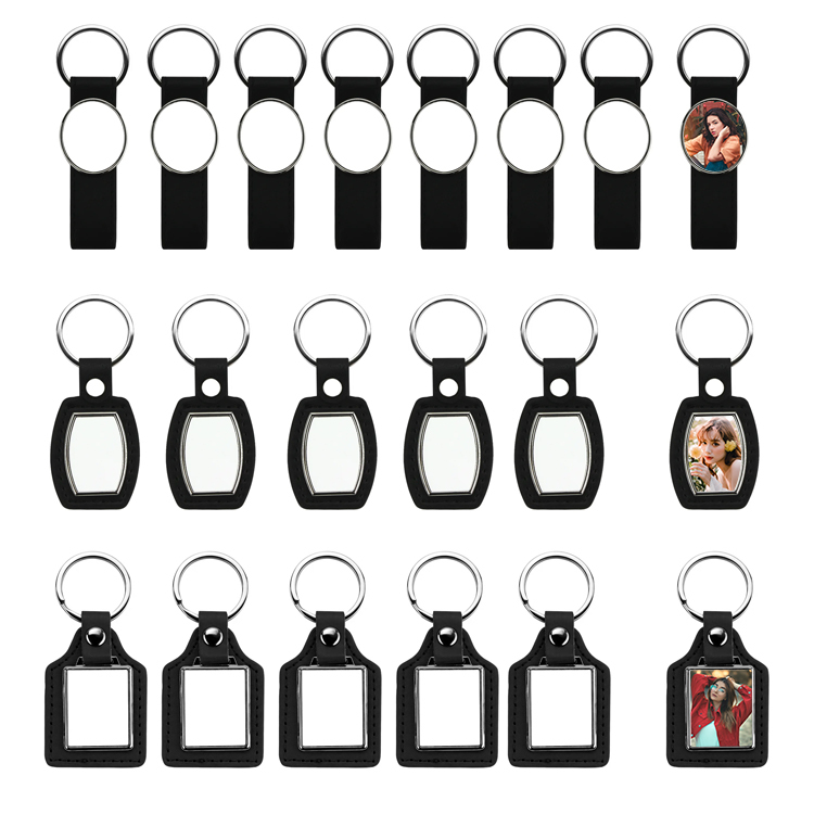 Popular Black Color PU Back Sublimation Keychain DIY Heat Transfer Blank Metal Key ring