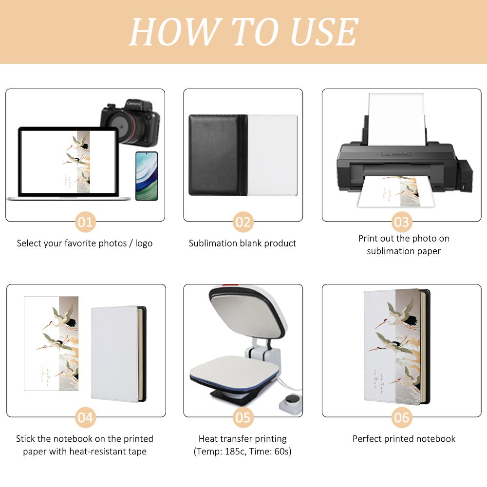 Sublimation Hardcover PU with White Canvas Notebooks for Note, High-Quality PU Leather with Detachable Design