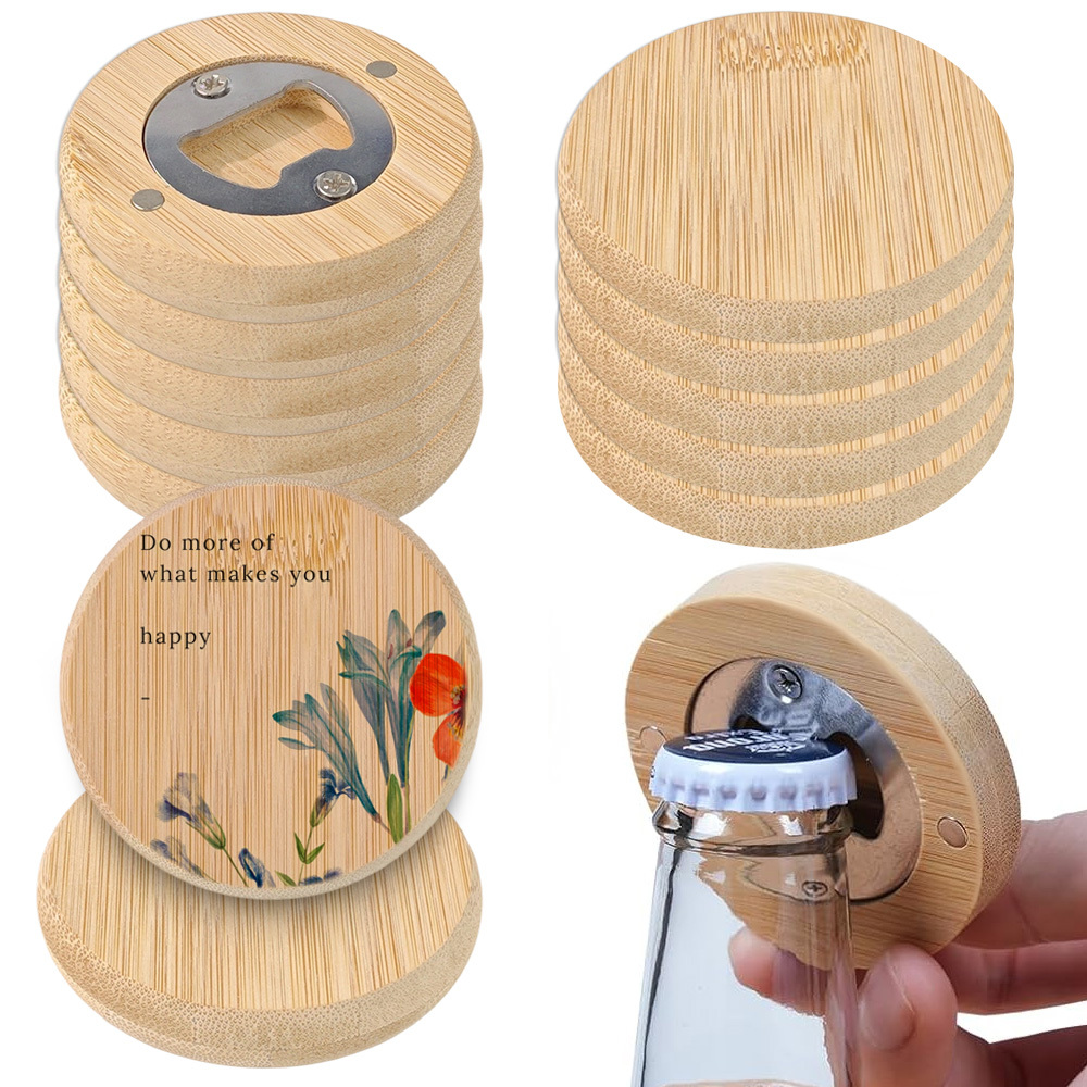 Sublimation Bamboo Round Bottle Opener - DIY Magnetic Heat Transfer Compatible, Personalized Refrigerator Sticker Style