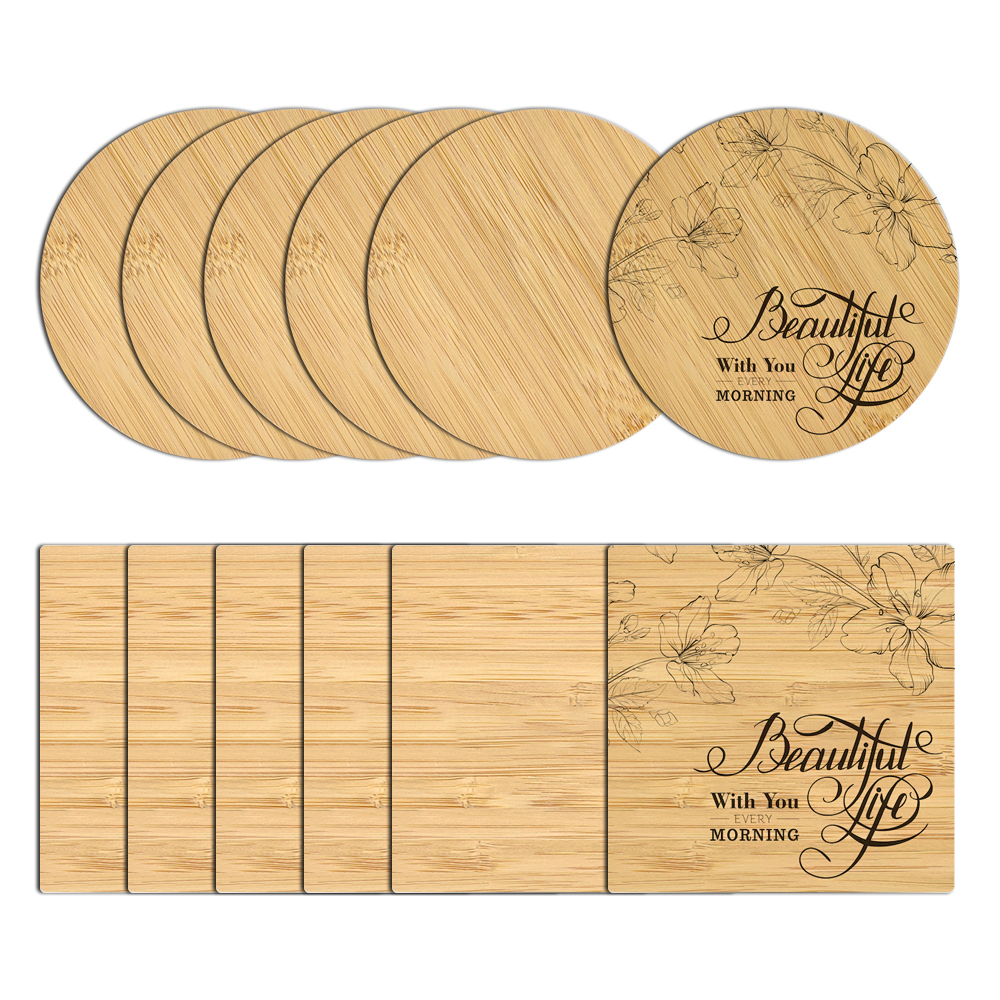 DIY Sublimation Blank Bamboo Coaster (Round & Square) - Heat Transfer Ready Bamboo Drink Coasters with Holder for Custom Designs