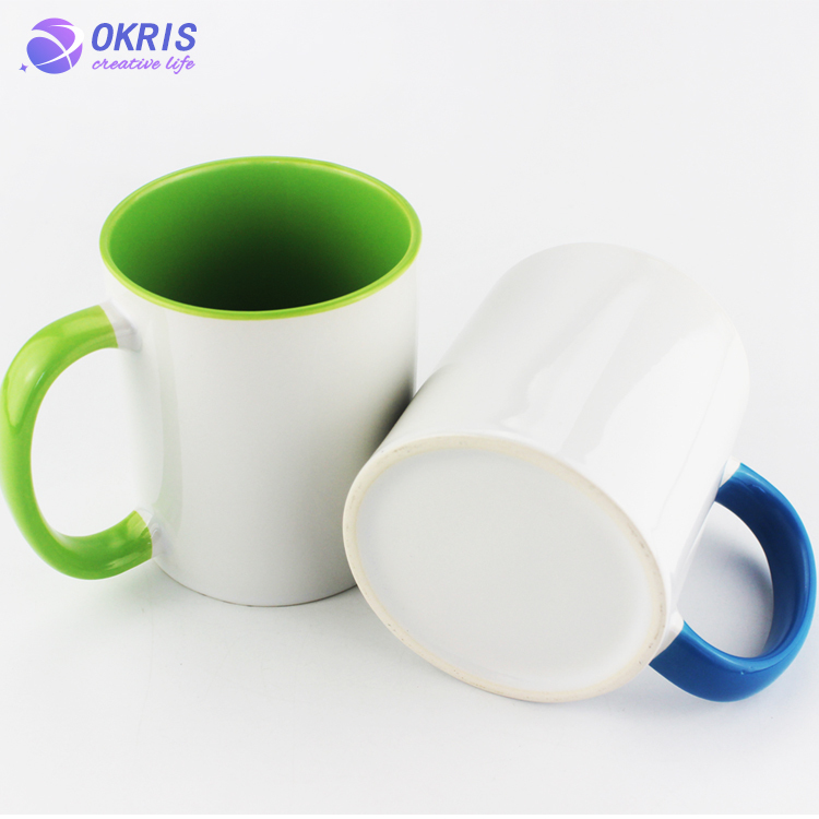 Wholesale 11oz Blank Ceramic Sublimation Mugs - Heat Transfer Blank Drinking Cups Coffee Mug with Inner & Handle(Fringe) Color Options