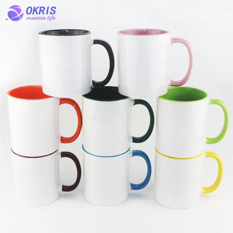 Wholesale 11oz Blank Ceramic Sublimation Mugs - Heat Transfer Blank Drinking Cups Coffee Mug with Inner & Handle Color Options