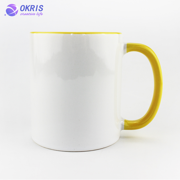 Wholesale 11oz Blank Ceramic Sublimation Mugs - Heat Transfer Blank Drinking Cups Coffee Mug with Inner & Handle(Fringe) Color Options
