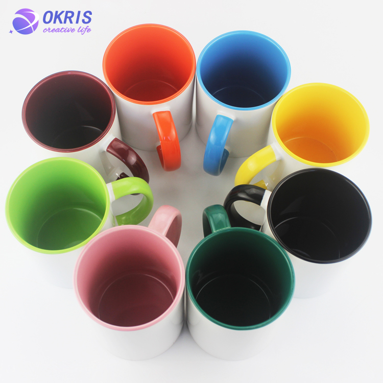 Wholesale 11oz Blank Ceramic Sublimation Mugs - Heat Transfer Blank Drinking Cups Coffee Mug with Inner & Handle(Fringe) Color Options