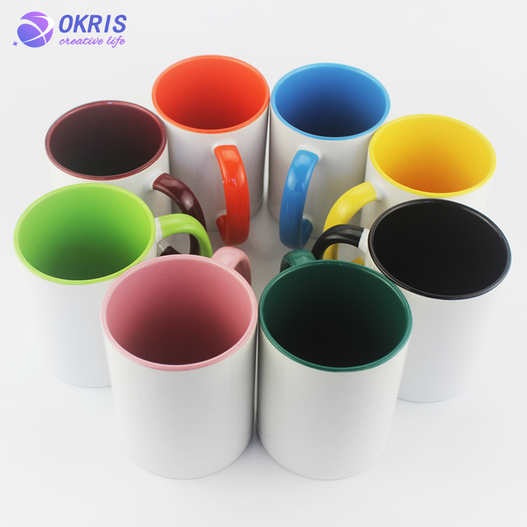 Wholesale 11oz Blank Ceramic Sublimation Mugs - Heat Transfer Blank Drinking Cups Coffee Mug with Inner & Handle(Fringe) Color Options