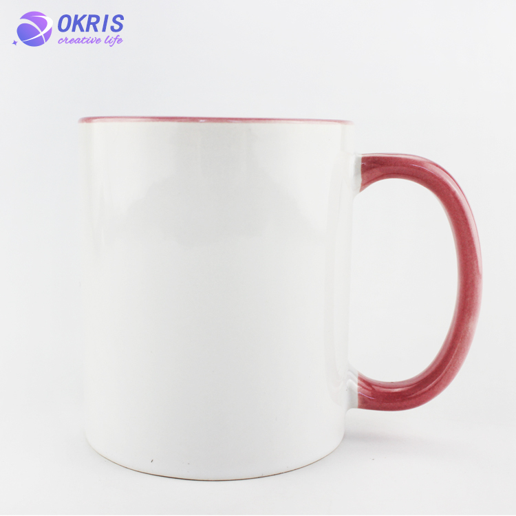 Wholesale 11oz Blank Ceramic Sublimation Mugs - Heat Transfer Blank Drinking Cups Coffee Mug with Inner & Handle(Fringe) Color Options