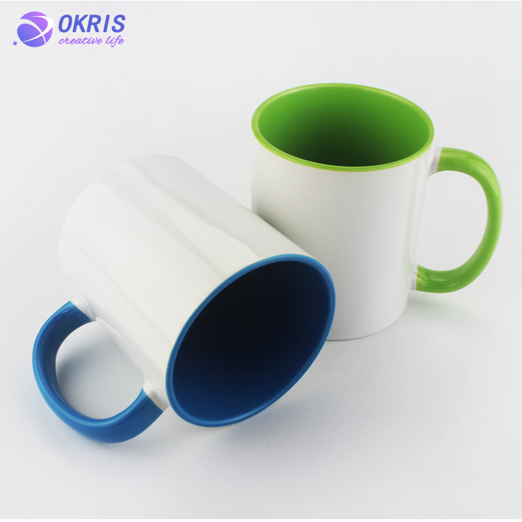 Wholesale 11oz Blank Ceramic Sublimation Mugs - Heat Transfer Blank Drinking Cups Coffee Mug with Inner & Handle(Fringe) Color Options