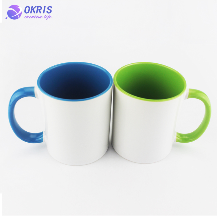 Wholesale 11oz Blank Ceramic Sublimation Mugs - Heat Transfer Blank Drinking Cups Coffee Mug with Inner & Handle(Fringe) Color Options