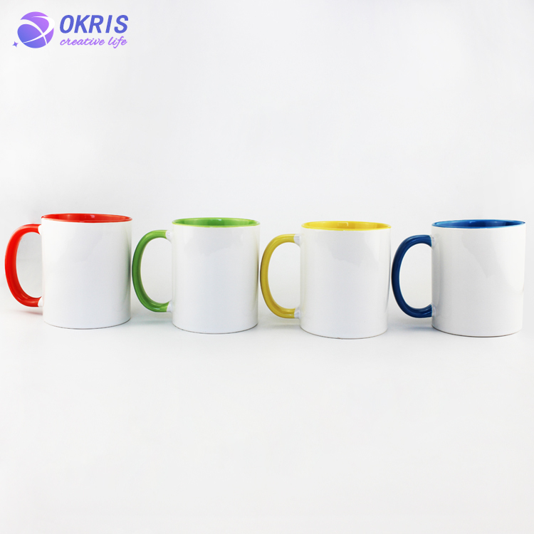 Wholesale 11oz Blank Ceramic Sublimation Mugs - Heat Transfer Blank Drinking Cups Coffee Mug with Inner & Handle Color Options