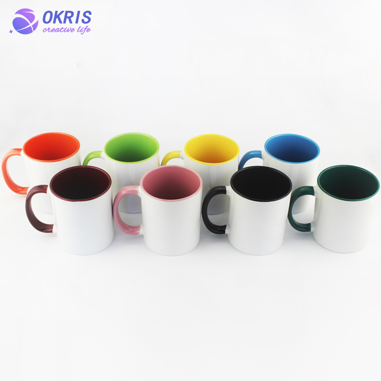 Wholesale 11oz Blank Ceramic Sublimation Mugs - Heat Transfer Blank Drinking Cups Coffee Mug with Inner & Handle Color Options