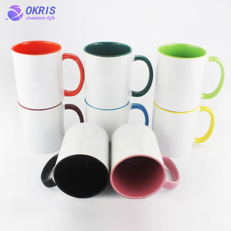 Wholesale 11oz Blank Ceramic Sublimation Mugs - Heat Transfer Blank Drinking Cups Coffee Mug with Inner & Handle Color Options