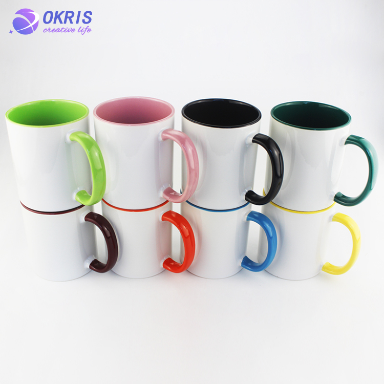 Wholesale 11oz Blank Ceramic Sublimation Mugs - Heat Transfer Blank Drinking Cups Coffee Mug with Inner & Handle Color Options