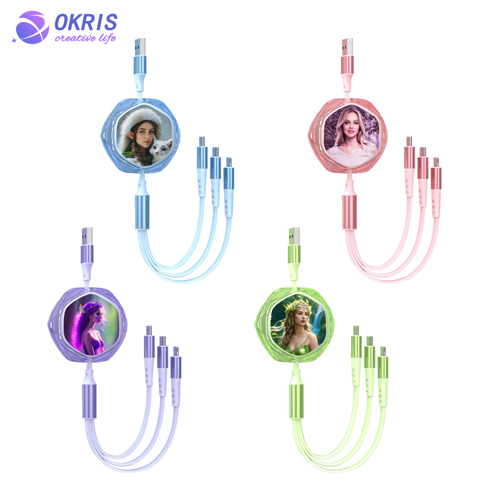 Wholesale Blank Crystal Sublimation 3in1 Data Cable Universal USB-C/Micro/Lightning Charging Cable Compatible with Smartphone