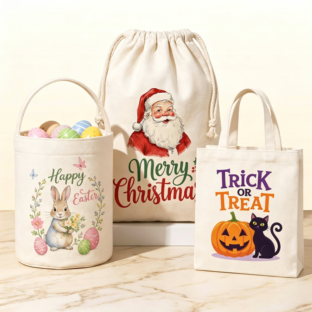 Hot Selling Custom Canvas Series DIY Custom Drawstring Bag Halloween Basket Large Capacity Shopping Bag for Gift Promo Wholesale