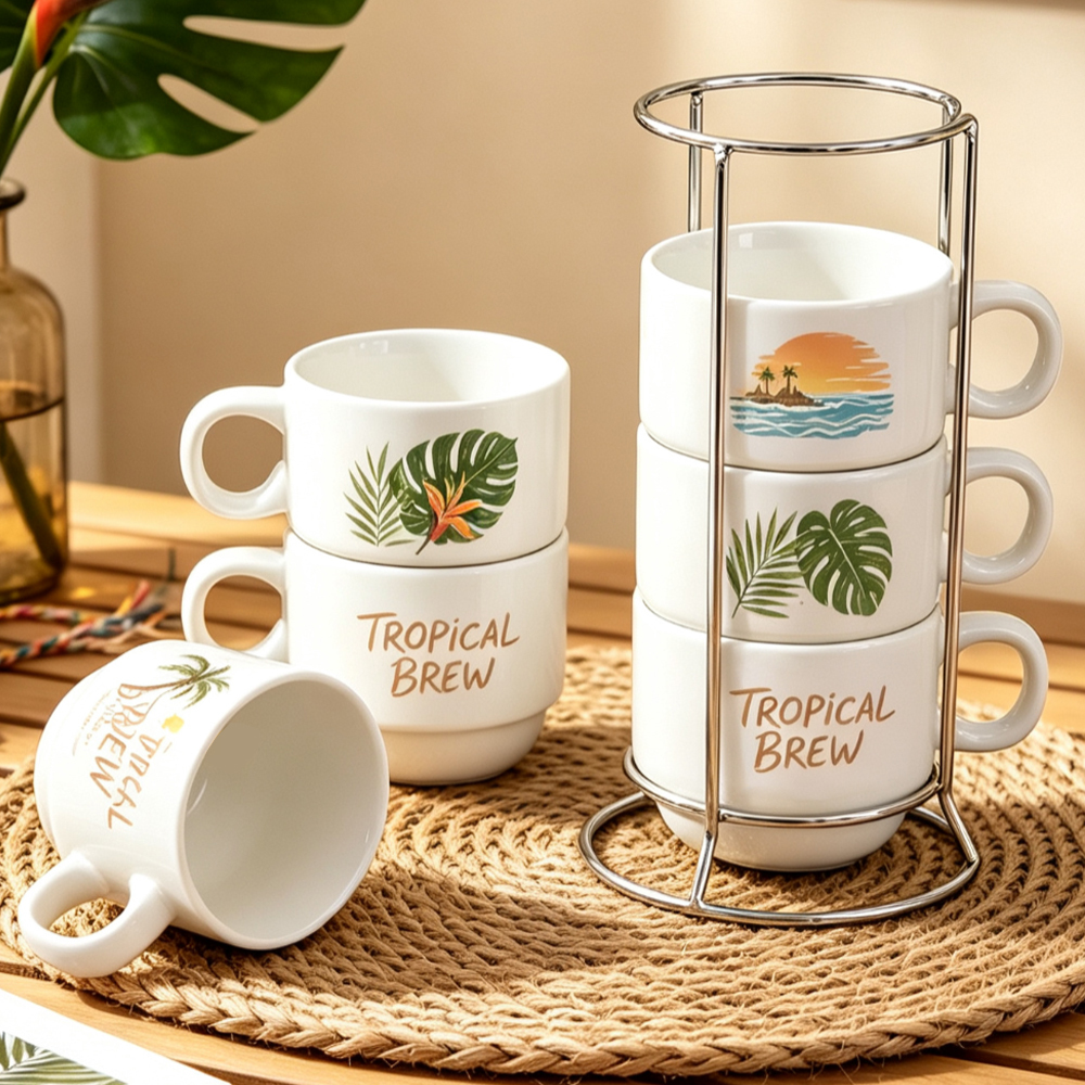 Sublimation Blank Stackable Ceramic Mug Set 2 4 Cup with Gold Silver Metal Stand DIY Custom Print Coffee Cup White Box Packing